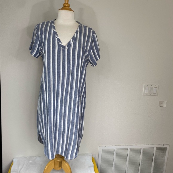 Cloth & Stone Blue White Linen Mix Relaxed Shirt Dress Size Small Coastal Casual - Picture 1 of 16